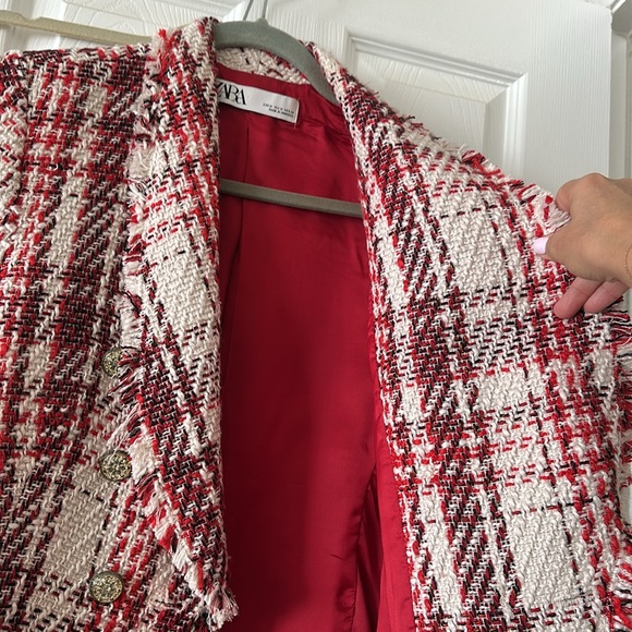 Zara Red, Cream, Black Blazer with Plaid Design and Gold Threading - Picture 6 of 6
